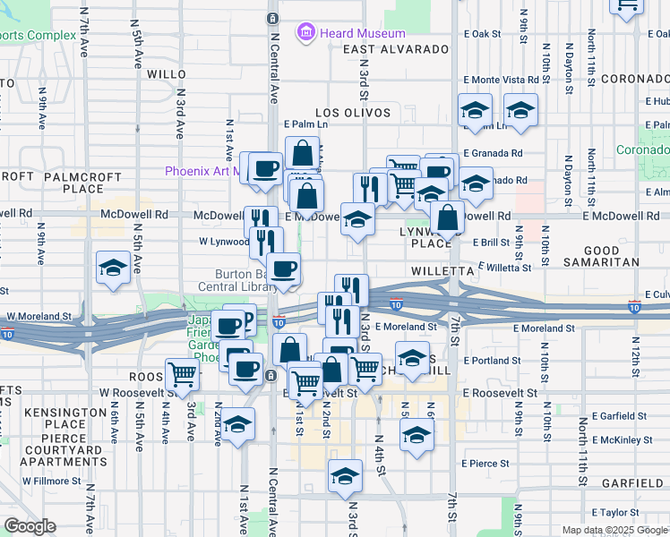 map of restaurants, bars, coffee shops, grocery stores, and more near 1313n North 2nd Street in Phoenix
