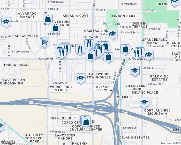map of restaurants, bars, coffee shops, grocery stores, and more near 1220 North 44th Street in Phoenix
