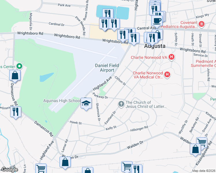map of restaurants, bars, coffee shops, grocery stores, and more near 2021 Ohio Avenue in Augusta