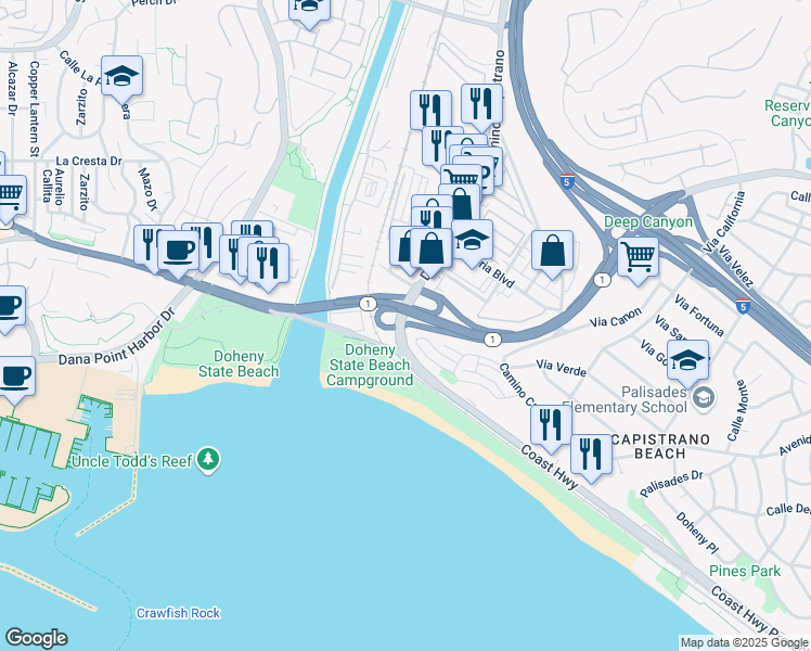 map of restaurants, bars, coffee shops, grocery stores, and more near 26036 Vista Drive East in Dana Point