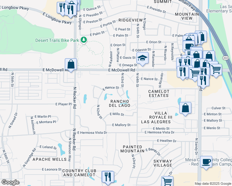 map of restaurants, bars, coffee shops, grocery stores, and more near 2646 N Platina in Mesa