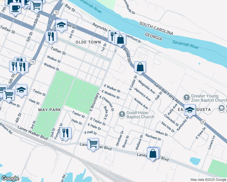 map of restaurants, bars, coffee shops, grocery stores, and more near 120 East Walker Street in Augusta