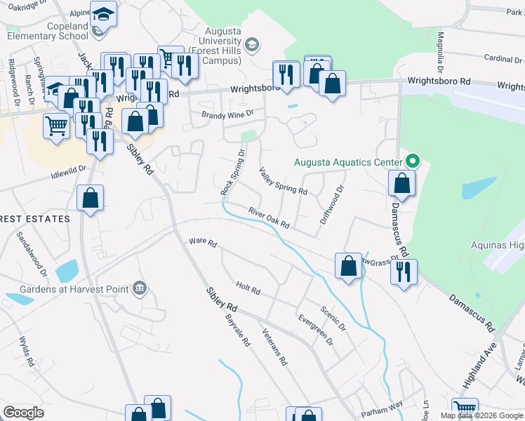 map of restaurants, bars, coffee shops, grocery stores, and more near 3175 River Oak Road in Augusta