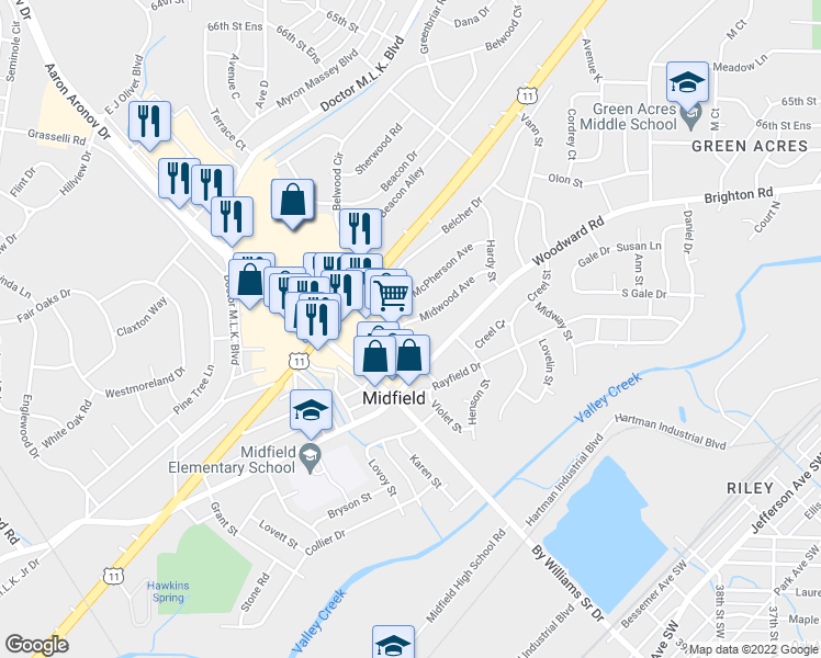map of restaurants, bars, coffee shops, grocery stores, and more near 301 Midwood Avenue in Midfield
