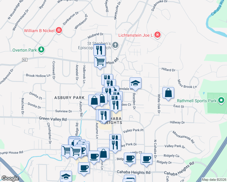 map of restaurants, bars, coffee shops, grocery stores, and more near 3095 Greendale Road in Vestavia Hills