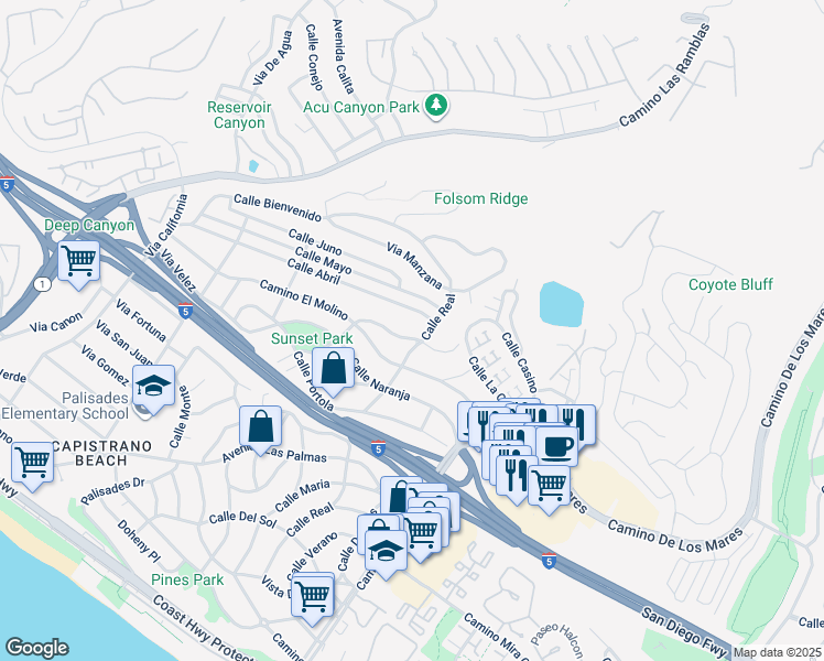 map of restaurants, bars, coffee shops, grocery stores, and more near 27081 Calle Juanita in Dana Point