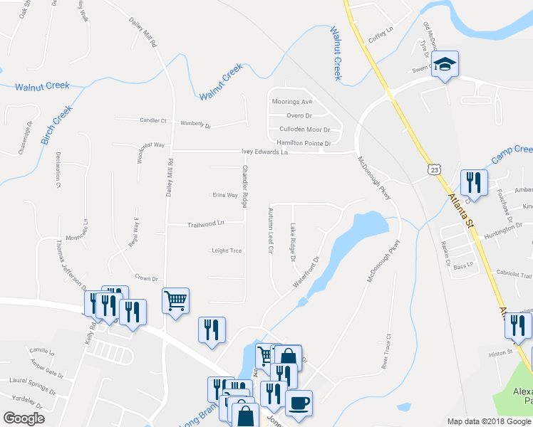 map of restaurants, bars, coffee shops, grocery stores, and more near 631 Autumn Leaf Circle in McDonough