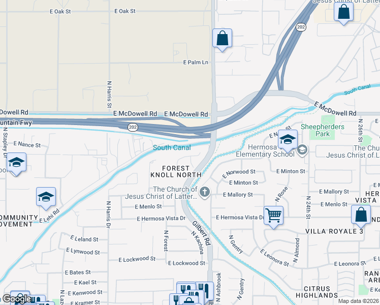 map of restaurants, bars, coffee shops, grocery stores, and more near 2648 North Ridge in Mesa