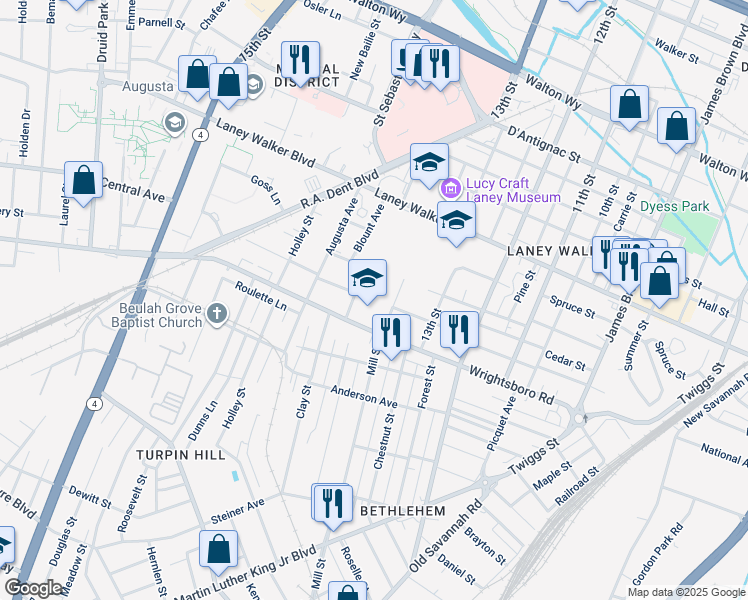 map of restaurants, bars, coffee shops, grocery stores, and more near 1301 Wrightsboro Road in Augusta