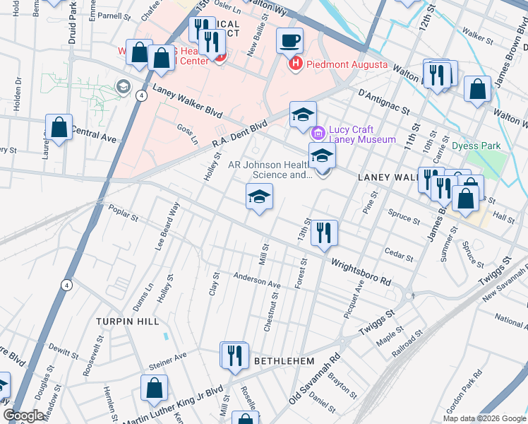 map of restaurants, bars, coffee shops, grocery stores, and more near 1301 Wrightsboro Road in Augusta