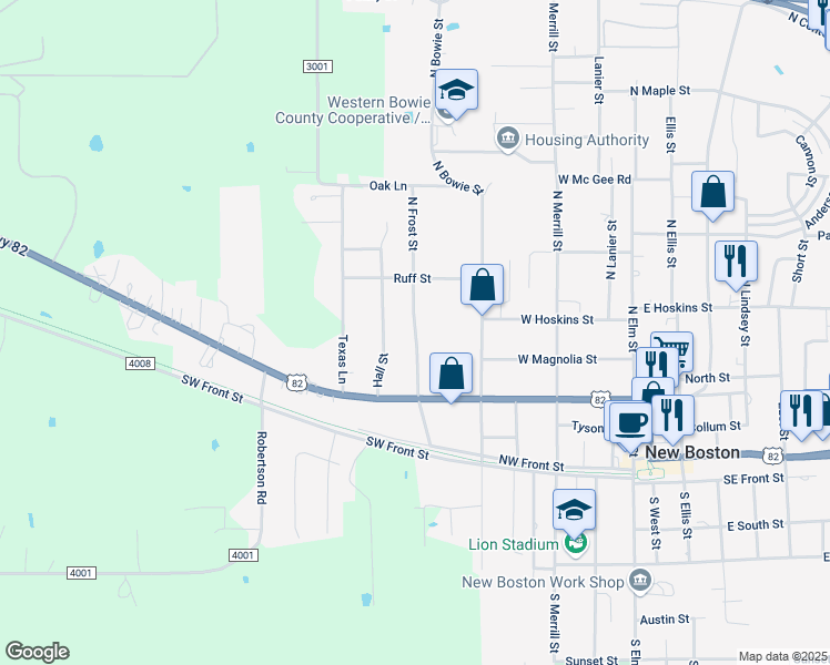 map of restaurants, bars, coffee shops, grocery stores, and more near 309 N Frost St in New Boston
