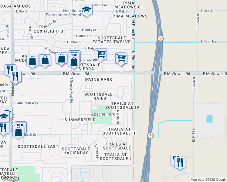 map of restaurants, bars, coffee shops, grocery stores, and more near 1355 North 87th Street in Scottsdale