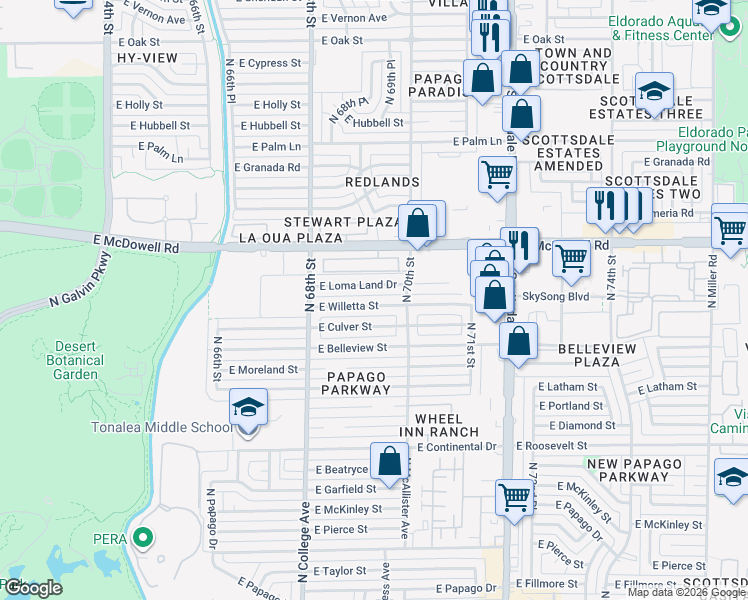 map of restaurants, bars, coffee shops, grocery stores, and more near 6937 East Willetta Street in Scottsdale