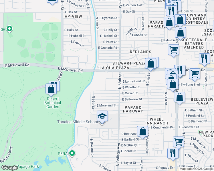 map of restaurants, bars, coffee shops, grocery stores, and more near 6601 East McDowell Road in Scottsdale