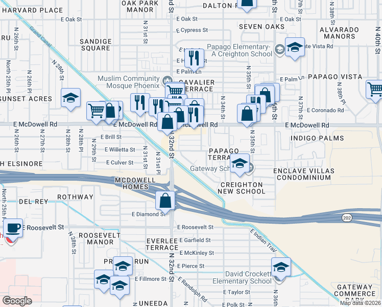 map of restaurants, bars, coffee shops, grocery stores, and more near 3250 East Priscilla Court in Phoenix