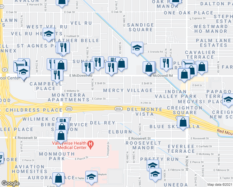 map of restaurants, bars, coffee shops, grocery stores, and more near 2709 East Willetta Street in Phoenix