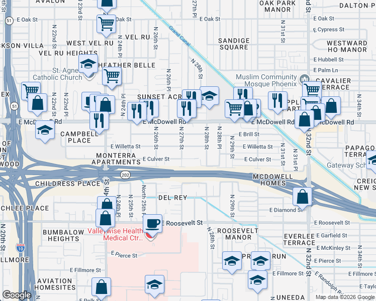 map of restaurants, bars, coffee shops, grocery stores, and more near 2709 East Willetta Street in Phoenix