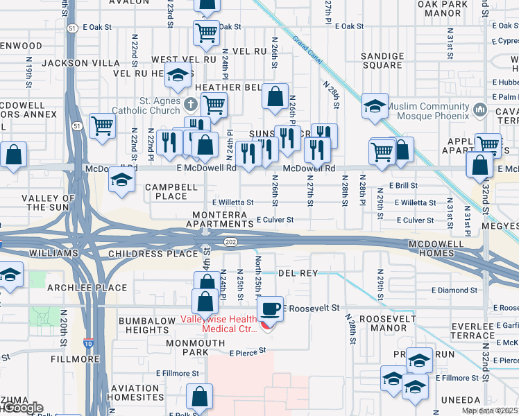 map of restaurants, bars, coffee shops, grocery stores, and more near 2512 East Culver Street in Phoenix