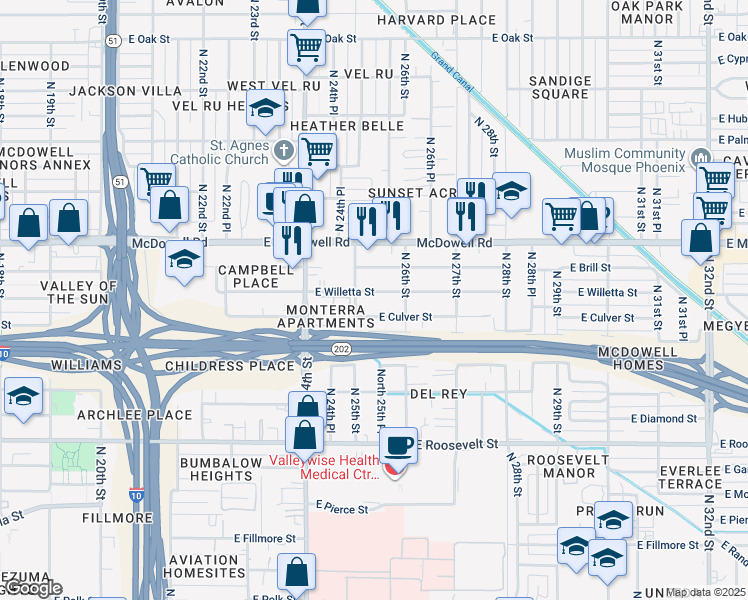 map of restaurants, bars, coffee shops, grocery stores, and more near 2512 East Culver Street in Phoenix