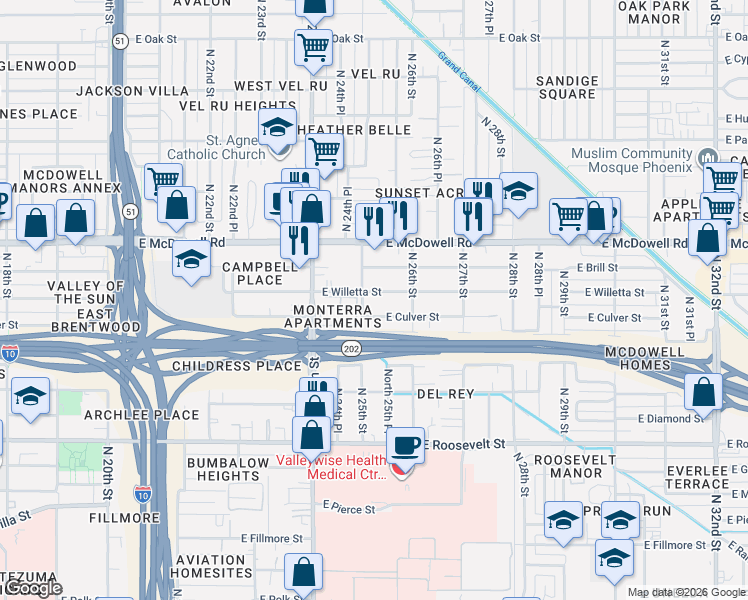 map of restaurants, bars, coffee shops, grocery stores, and more near 2512 East Culver Street in Phoenix