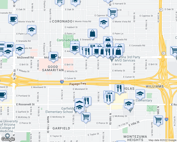 map of restaurants, bars, coffee shops, grocery stores, and more near 1305 North 14th Street in Phoenix