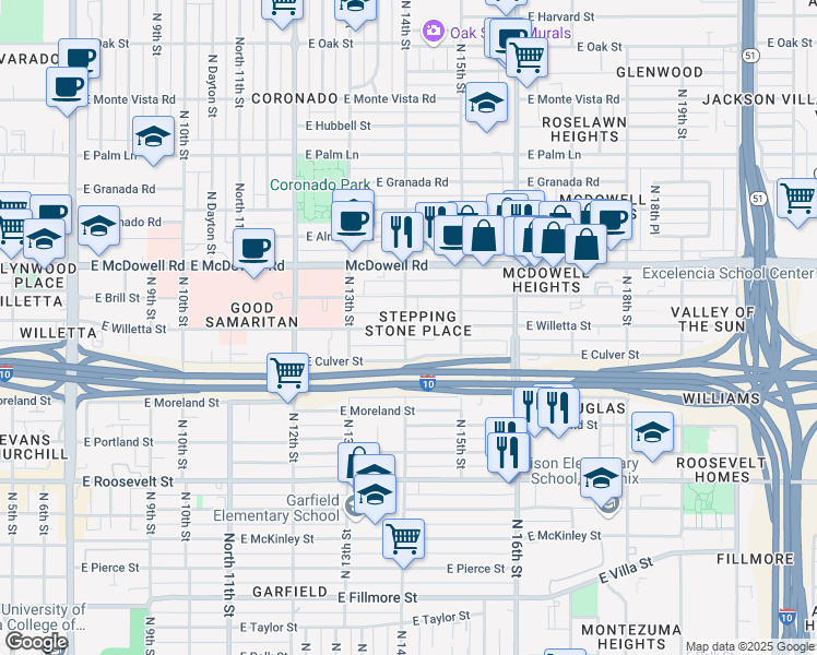 map of restaurants, bars, coffee shops, grocery stores, and more near 1305 North 14th Street in Phoenix