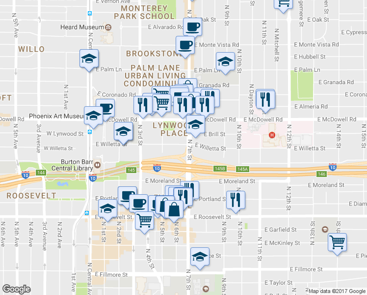 map of restaurants, bars, coffee shops, grocery stores, and more near 1331 North 7th Street in Phoenix