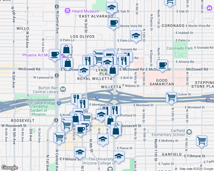 map of restaurants, bars, coffee shops, grocery stores, and more near 521 East Willetta Street in Phoenix