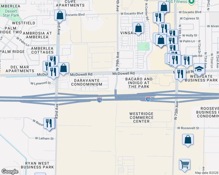 map of restaurants, bars, coffee shops, grocery stores, and more near 8025 West McDowell Road in Phoenix