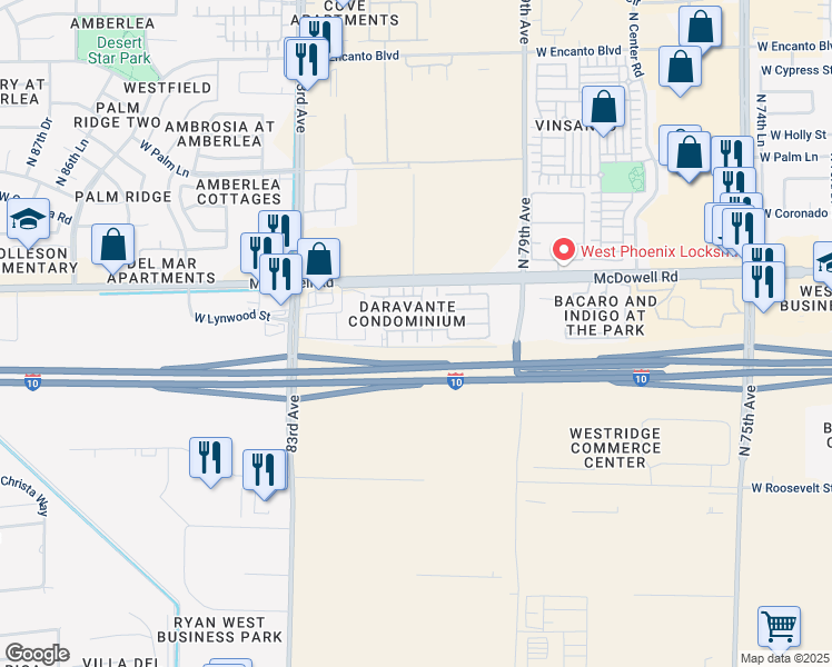 map of restaurants, bars, coffee shops, grocery stores, and more near 1414 North 80th Lane in Phoenix