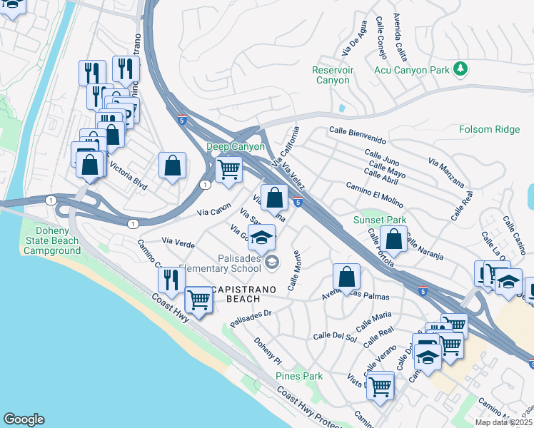 map of restaurants, bars, coffee shops, grocery stores, and more near 34341 Via Fortuna in Dana Point