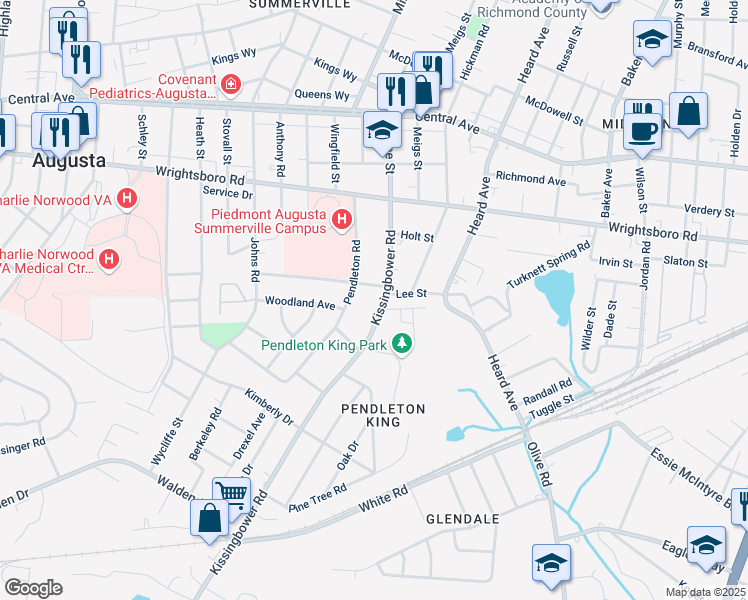map of restaurants, bars, coffee shops, grocery stores, and more near 1501 Troupe Street in Augusta
