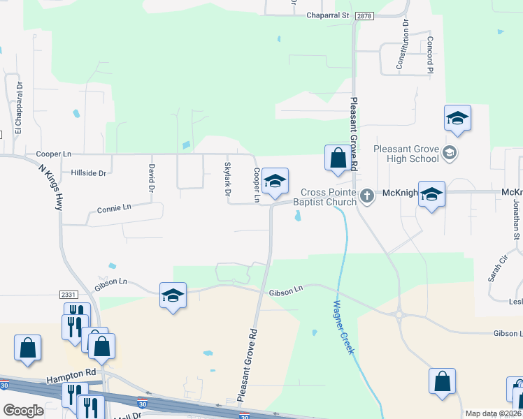 map of restaurants, bars, coffee shops, grocery stores, and more near 3037-3099 Pleasant Grove Road in Texarkana