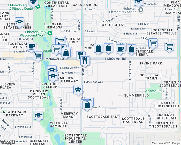 map of restaurants, bars, coffee shops, grocery stores, and more near 1435 North Hayden Road in Scottsdale