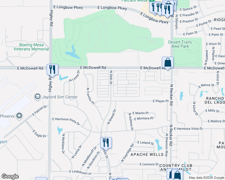 map of restaurants, bars, coffee shops, grocery stores, and more near 5735 East McDowell Road in Mesa