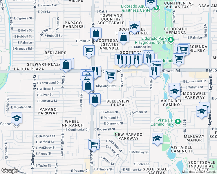 map of restaurants, bars, coffee shops, grocery stores, and more near  in Scottsdale