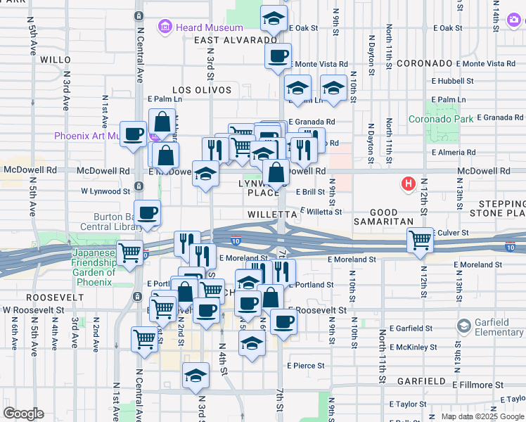map of restaurants, bars, coffee shops, grocery stores, and more near 521 East Willetta Street in Phoenix