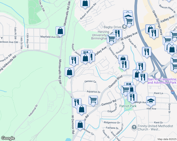 map of restaurants, bars, coffee shops, grocery stores, and more near 55 Aspen Cove in Homewood