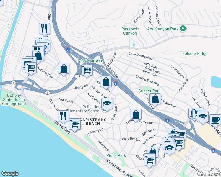 map of restaurants, bars, coffee shops, grocery stores, and more near 26565 Via Sacramento in Dana Point