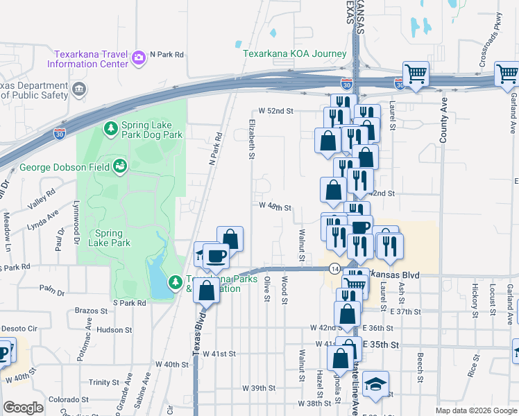 map of restaurants, bars, coffee shops, grocery stores, and more near 4624 Elizabeth Street in Texarkana