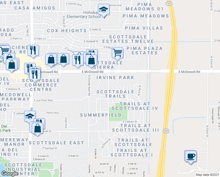 map of restaurants, bars, coffee shops, grocery stores, and more near 1151 East Belleview Place in Scottsdale