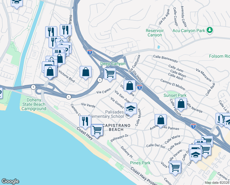 map of restaurants, bars, coffee shops, grocery stores, and more near 26372 Via California in Dana Point