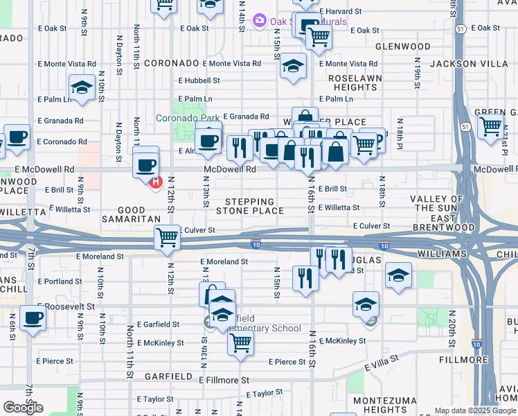 map of restaurants, bars, coffee shops, grocery stores, and more near 1325 North 14th Street in Phoenix