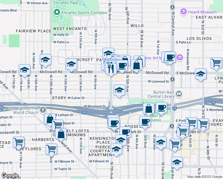 map of restaurants, bars, coffee shops, grocery stores, and more near N 7th Ave & W Willetta St in Phoenix