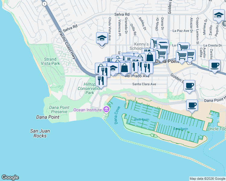 map of restaurants, bars, coffee shops, grocery stores, and more near 24242 Santa Clara Avenue in Dana Point