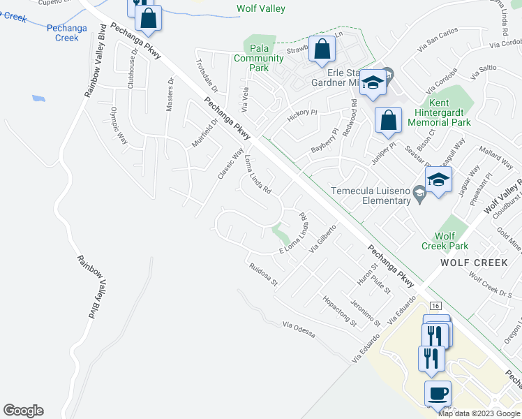 map of restaurants, bars, coffee shops, grocery stores, and more near 45327 Esmerado Court in Temecula