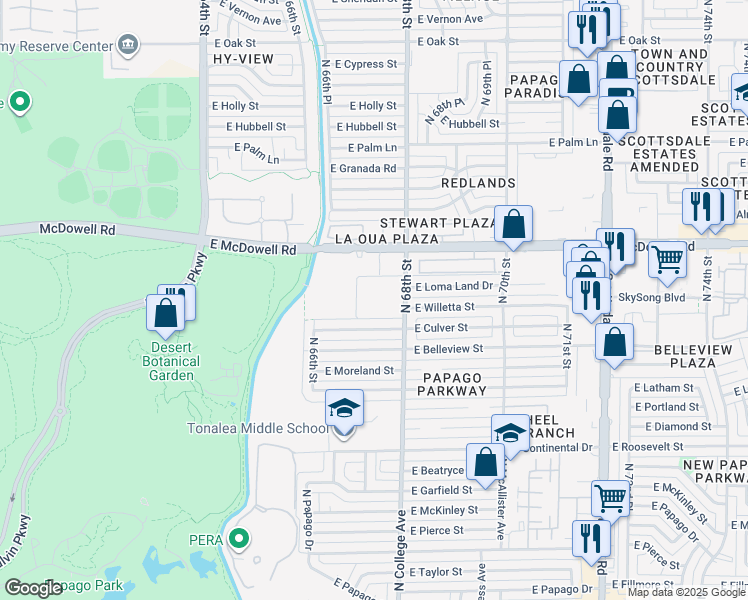 map of restaurants, bars, coffee shops, grocery stores, and more near 6721 East McDowell Road in Scottsdale