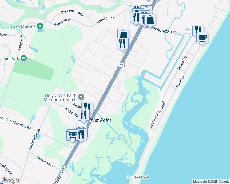 map of restaurants, bars, coffee shops, grocery stores, and more near 2082 Ocean Highway in Pawleys Island