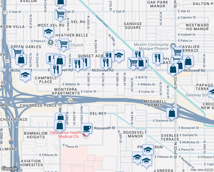map of restaurants, bars, coffee shops, grocery stores, and more near 2709 East Willetta Street in Phoenix