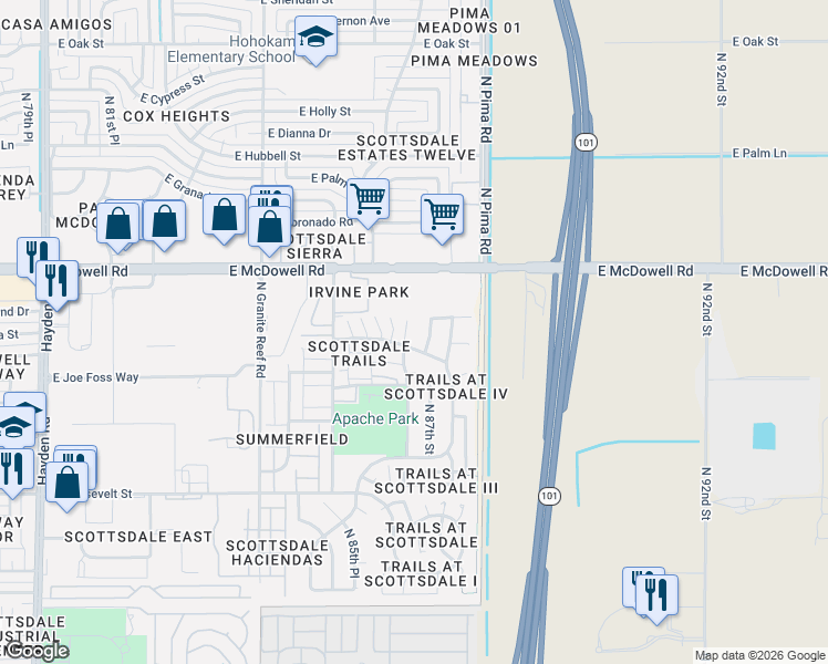 map of restaurants, bars, coffee shops, grocery stores, and more near 1355 North 87th Street in Scottsdale